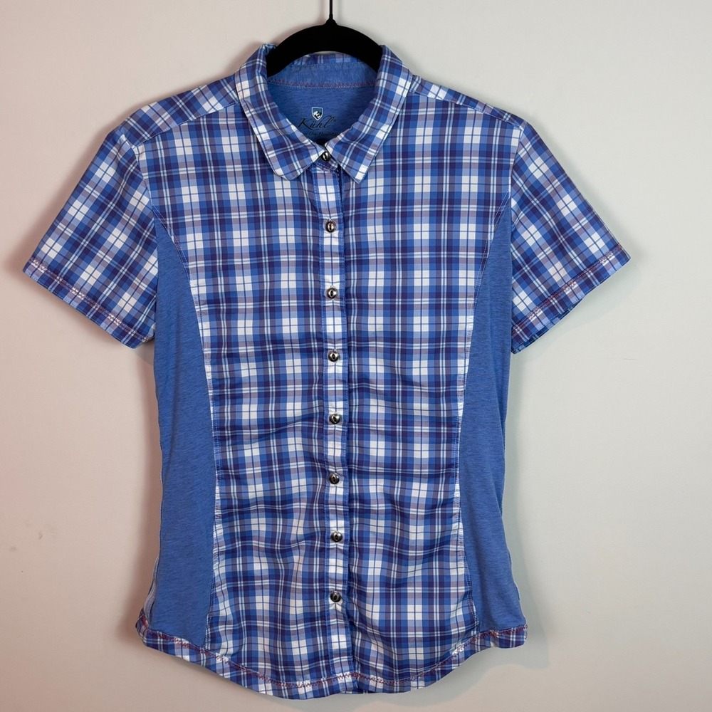 Kuhl‎ Womens Suono Button Front Shirt Blue Purple Plaid Short Sleeve sz Small